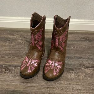 Girl fun boots! Girls Size 1 brown with pink sparkling butterfly detail